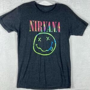 Nirvana Womens M Smiley Logo Heather Charcoal Gray Shirt 90s Grunge Kurt Cobain